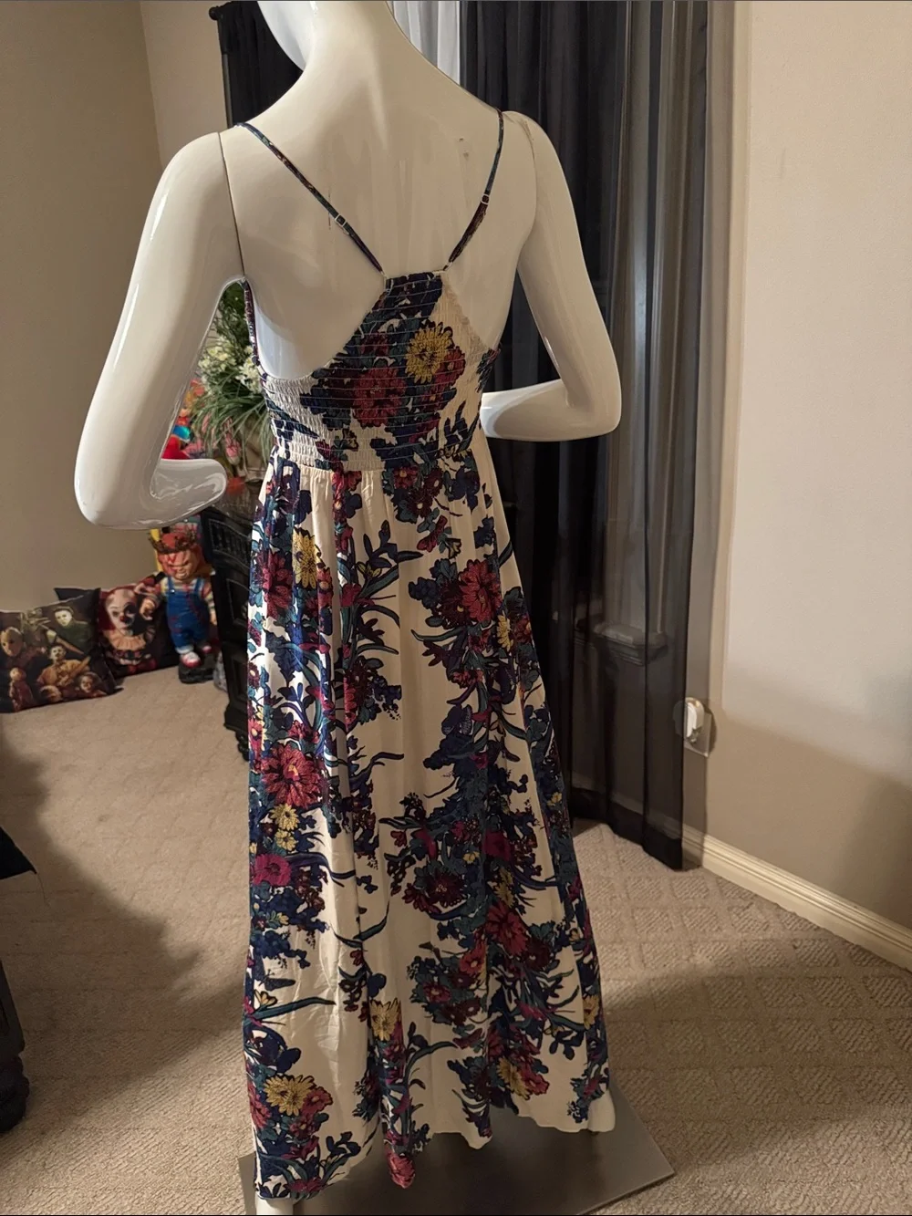 Free People Cream Maxi Dress with Blue, Green & Maroon Floral Print, Sz Small